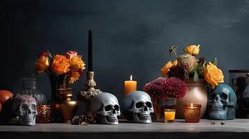 Concept design of skulls, candles and flowers for Day of the Dead banner, photo