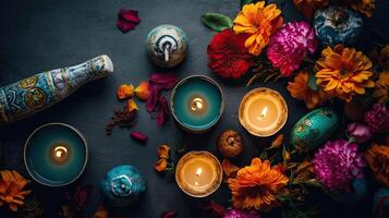 Candles and flowers on black background for Day of the Dead banner background, photo