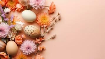 concepto diseño de vistoso huevos y plantas para contento Pascua de Resurrección día bandera, ai generativo foto