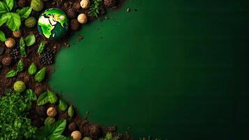 Earth Day concept design of plants, plant seeds and miniature earth for banner background, photo