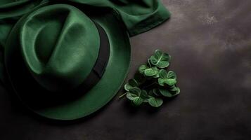 St. Patrick's Background with green hat and green leaves ornament, AI Generative photo