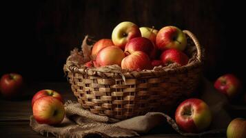 a bunch of apples in a basket with blur background and perfect viewing angle, AI Generative photo