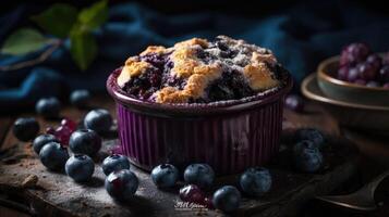 close up blueberry cobbler with blueberries fruit on a wooden table with a blurred background, AI Generative photo