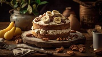 plátano pastel con crema queso con plátano rebanadas en eso difuminar fondo, ai generativo foto