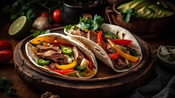 Fujitas with meat and pieces of red and green peppers on a wooden plate with blurred background, photo