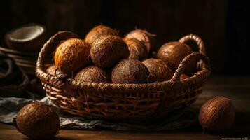 Coconuts fruits in a bamboo basket with blurred background, AI Generative photo