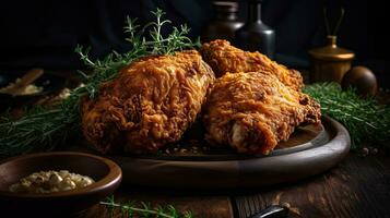 Fried Chicken on wooden plate with blurred background, AI Generative photo