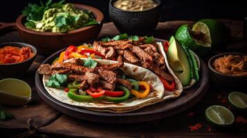 Fujitas with meat and pieces of red and green peppers on a wooden plate with blurred background, photo