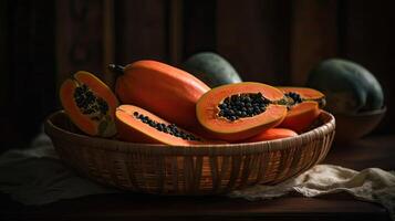 papaya frutas en un bambú cesta con difuminar fondo, ai generativo foto