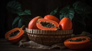 papaya frutas en un bambú cesta con difuminar fondo, ai generativo foto