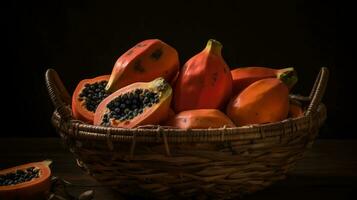 de cerca papaya frutas en un bambú cesta con difuminar fondo, ai generativo foto