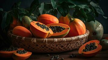 Papaya Fruits in a bamboo basket with blur background, AI Generative photo