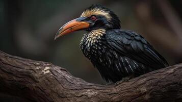 close up hornbill bird with black wings on a tree with blurred background, AI Generative photo