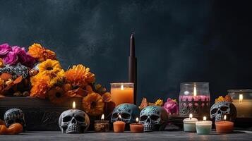 Concept design of skulls, candles and flowers for Day of the Dead banner, photo