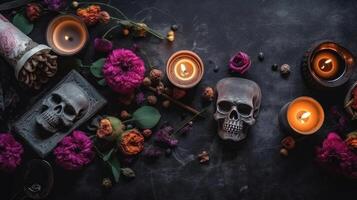 Design of skulls, candles and flowers on black background for Day of the Dead background, photo