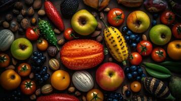 Top View variety of fresh fruit with bright colors, AI Generative photo