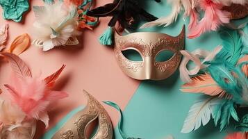 carnival masks, and carnival ornaments on pastel background for Carnival sale banner, AI Generative photo