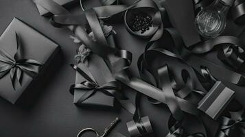 Black Friday day banner background with gift box and black tape, AI Generative photo