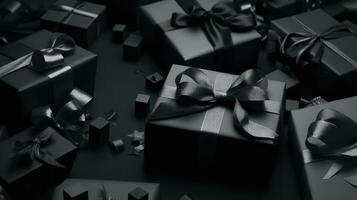 Black Friday day banner background with gift box and black tape, AI Generative photo