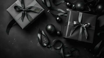 gift box and black tape on black background for Black Friday Sale Banner, AI Generative photo