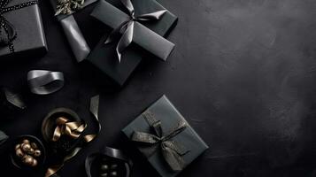 Black Friday sale banner with concept design of gift box and black tape on black background, AI Generative photo