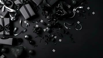 negro viernes antecedentes parte superior ver concepto diseño de regalo caja y negro cinta en negro fondo, ai generativo foto
