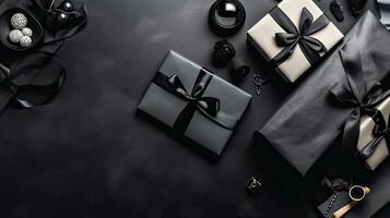 Black Friday Banner with gift box and black tape on black background, AI Generative photo