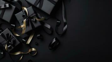 Black Friday Banner with gift box and black tape on black background, AI Generative photo