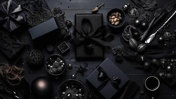 Gift box with black tape on black background for Black Friday sale banner, AI Generative photo