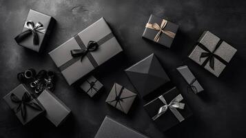 Black Friday Banner with gift box and black tape on black background, AI Generative photo