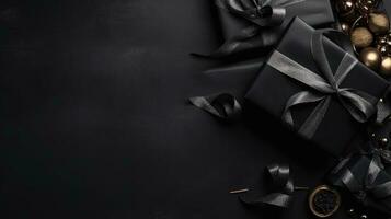 regalo caja y negro cinta en negro antecedentes para hermosa negro viernes rebaja bandera, ai generativo foto