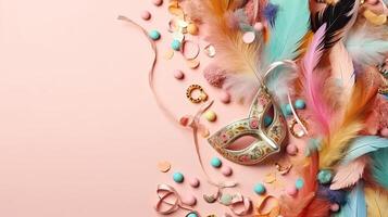 Carnival banner with carnival masks, and carnival ornaments on pastel background, photo