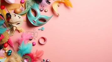 Carnival banner with carnival masks, and carnival ornaments on pastel background, photo