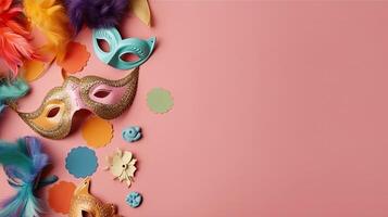 Carnival banner Top view concept design of carnival masks, and carnival ornaments, photo