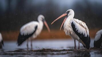 close up white stork bird in the river with blurred background, AI Generative photo