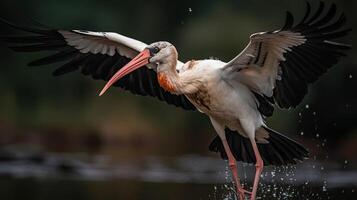 close up white stork bird in the river with blurred background, AI Generative photo