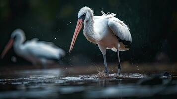 close up white stork bird in the river with blurred background, AI Generative photo