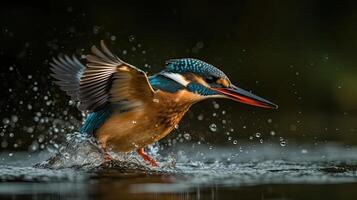 de cerca río martín pescador pájaro es caza terminado río con difuminar fondo, ai generativo foto