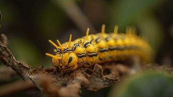 close up photo of yellow caterpillar animal with perfect angel view and blur background, AI Generative