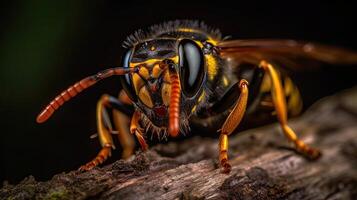 cerca arriba foto de un abeja en un árbol rama, ai generativo