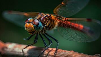 Dragonfly perched on a branch with a blurred background, AI Generative photo