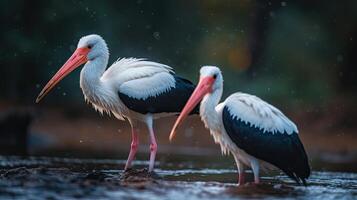 close up white stork bird in the river with blurred background, AI Generative photo