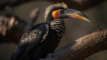 close up hornbill bird on a tree with blurred background, AI Generative photo