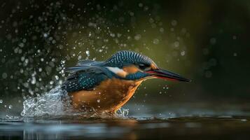 River kingfisher bird is hunting over river with blur background, AI Generative photo