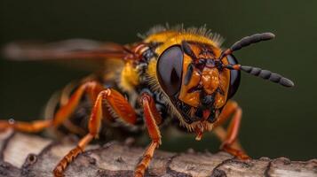 cerca arriba foto de un abeja en un árbol rama, ai generativo