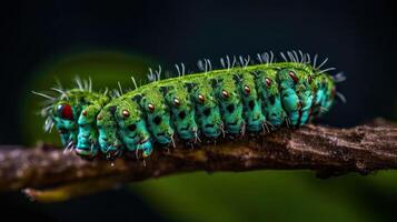 Green Caterpillar animal with perfect angel view and blur background, AI Generative photo