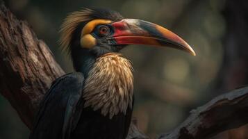 close up hornbill bird on a tree with blurred background, AI Generative photo