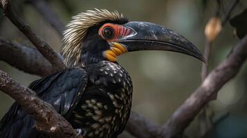 close up hornbill bird on a tree with blurred background, AI Generative photo