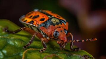 de cerca de pequeño naranja insecto con difuminar fondo, ai generativo foto