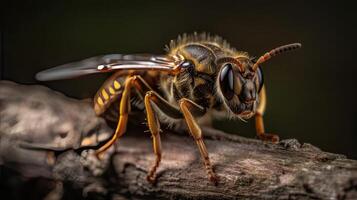 Close up photo of a bee on a tree branch,